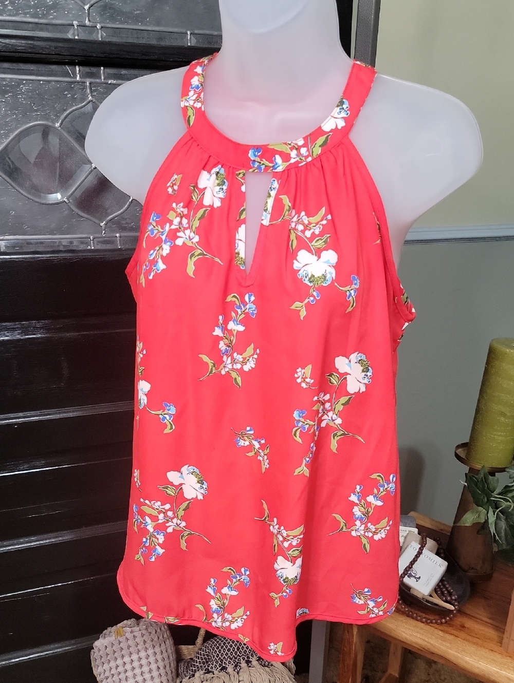 EUC Papermoon Floral Red Tank Keyhole Front Back With Gold Buttons Women Size SP